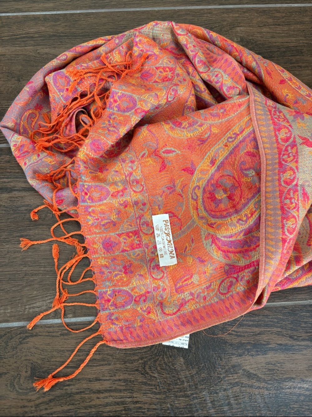 Paisley Pashmina Scarf in Vibrant Orange and Pink 100%cashmere